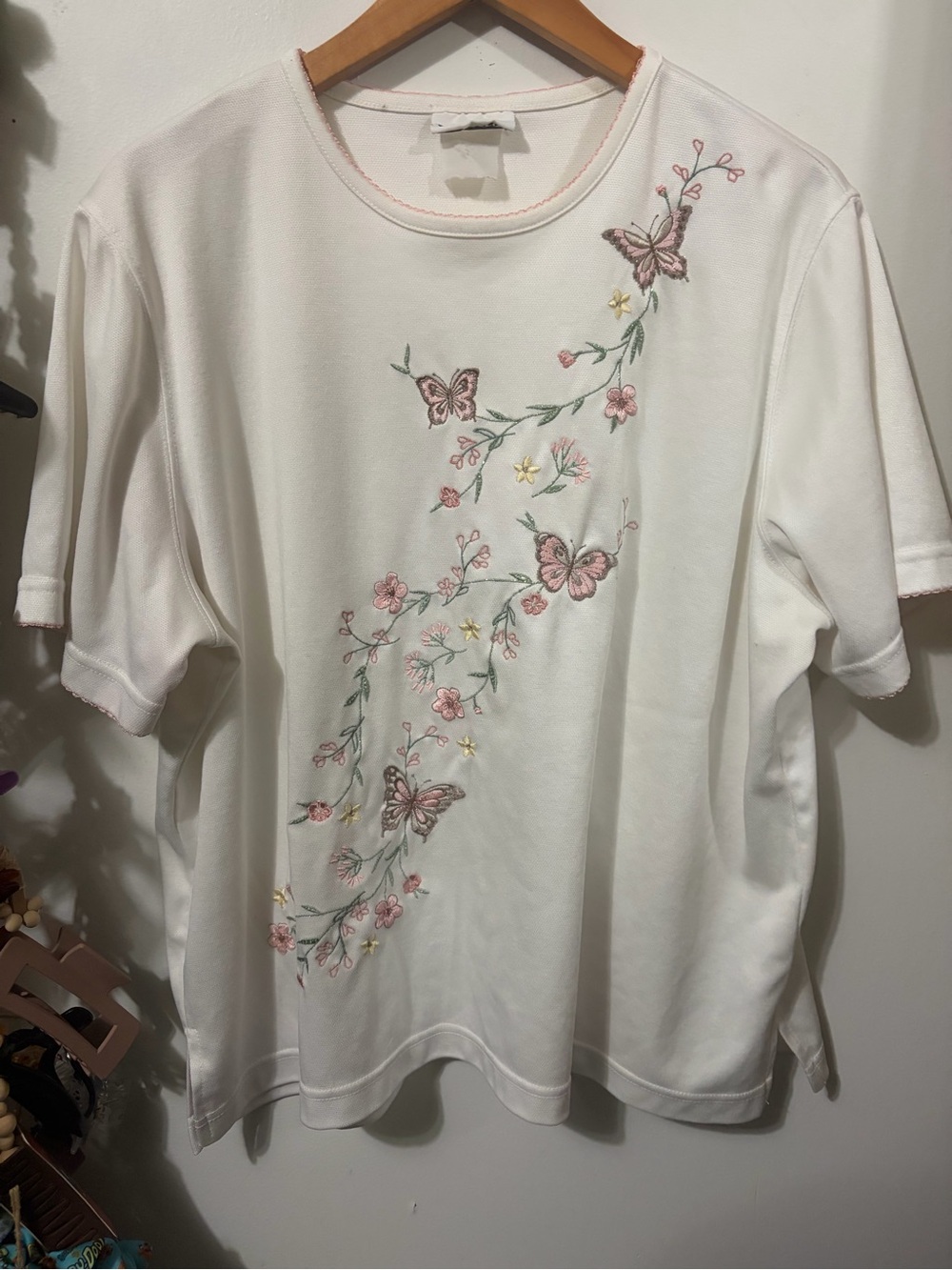 White Tee with Pink Butterfly Embroidery
